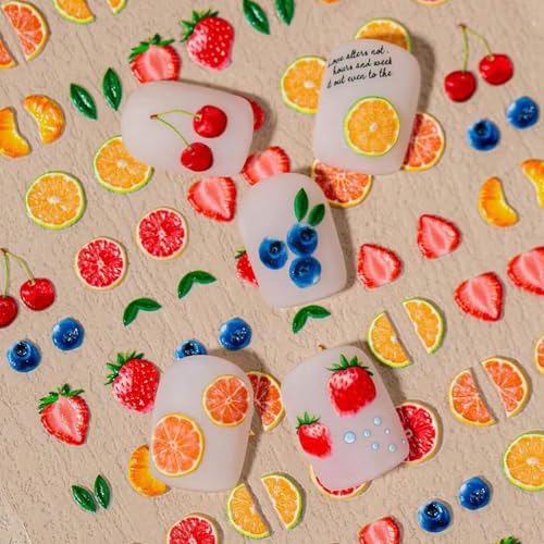 IDDFEVE 5D Embossed Fruit Nail Art Stickers - Cherry, Strawberry, Orange