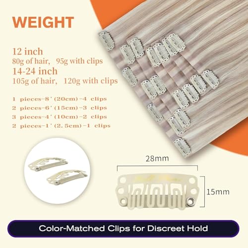Full Shine Hair Extensions Real Human Hair Clip ins Blonde Hair Extensions Highlight Seamless Clip in Human Hair Extension PU Skin Weft Add Volume 18 Inch 8 PCS 120 G