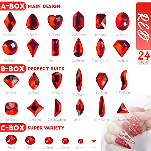 qiipii Red Nail Rhinestones 3 Boxes Multi-Shapes Flatback Gems for Nail Art & Crafts