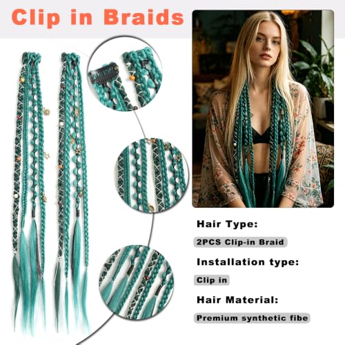 Eliza Green Braid Hair Extensions - 20" Clip-In Dreadlocks with Beads