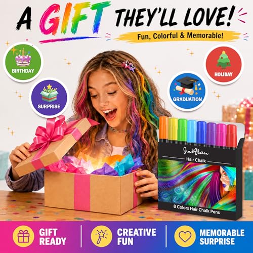 Jim&Gloria Washable Hair Chalk Pens - 8 Vibrant Colors for Kids & Teens
