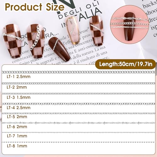 8 Silver Metal Chain Nail Art Charms - 3D DIY Punk Jewelry