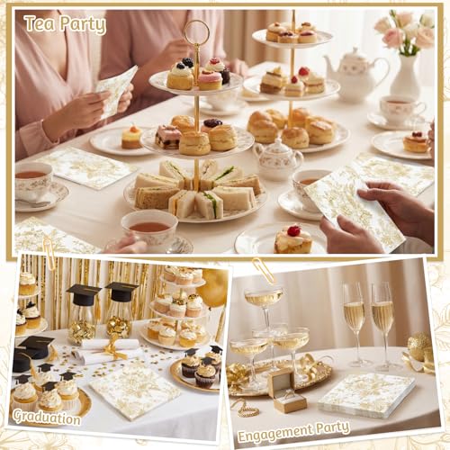 Gold Floral Cocktail Napkins - 100 Pack Vintage Chinoiserie Design