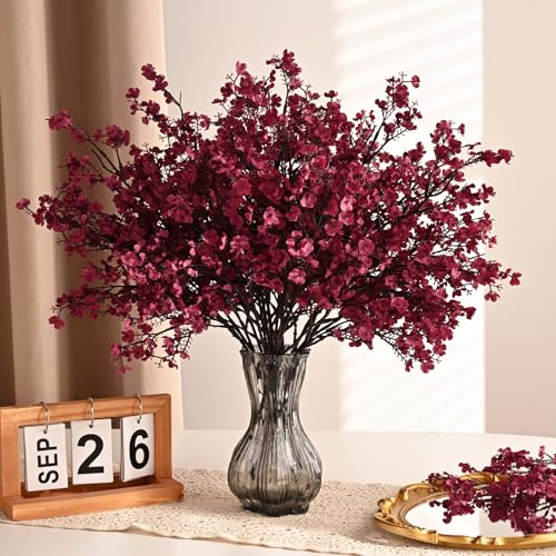 6 Real Touch Silk Baby's Breath Flowers - Wine Red Fall Stems