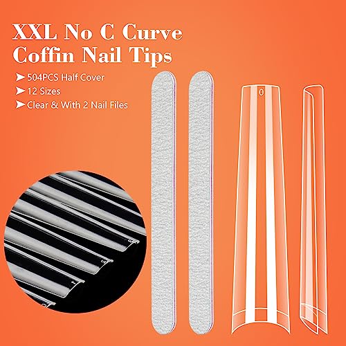 Quaferen 504PCS Long 3XL Coffin Nail Tips Half Cover with 2 Nail Files