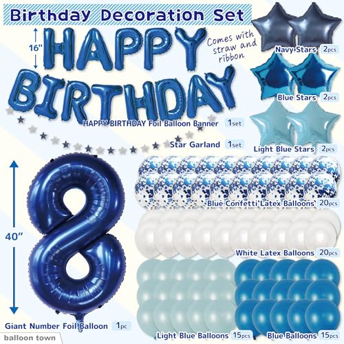 80PCS Blue Birthday Balloon Set with Number 8 & Decorations