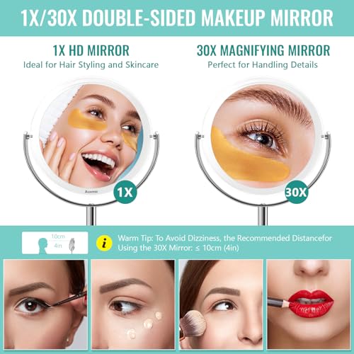 Auxmir 1X/ 30X Magnifying Mirror, Makeup Mirror with Tweezer, Double Sided Round Vanity Tabletop Mirror, 360¡Æ Rotation Portable for Dressing Table Desk Bathroom Bedroom Travel, Clear