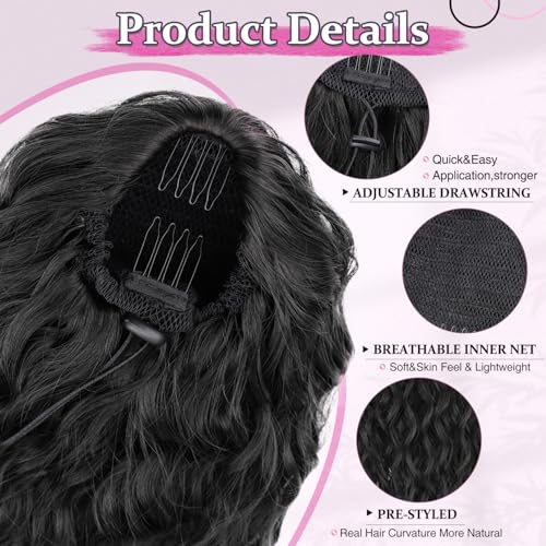 14 Inch Natural Black Curly Ponytail Extension - Drawstring Synthetic Hair