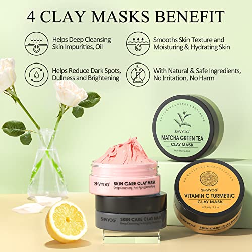 SHVYOG 4-Piece Clay Face Mask Set - Deep Cleansing & Pore Refining Kit