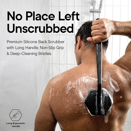 TOOLETRIES Silicone Back Scrubber for Shower, Exfoliating Body & Bath Brush, Long Ergonomic Handle, Non-Slip Grip for Hard-to-Reach Areas, Hygienic Silicone Bath Accessory for Men & Women - Charcoal