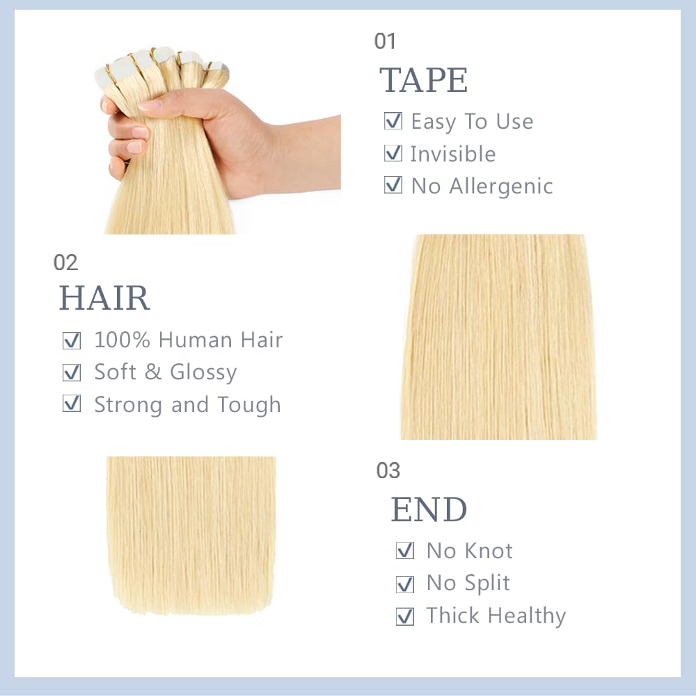 HuxoWax 28 Inch Straight Tape In Human Hair Extensions #613 Blonde Double Weft Weave 10 Packs Total 40g #613 Blonde Color Invisible Human Hair Tape In Extensions