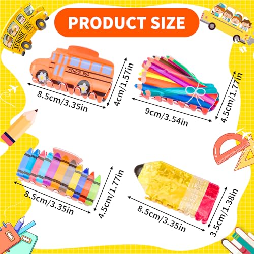 KICOSY Pencil 1 Clip Set - 4 School Bus, Crayon & Pencil Hair Clips for Teachers & Students, Back-to-School