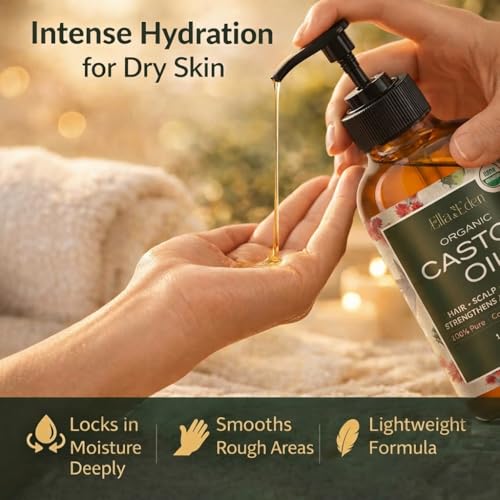 Ella & Eden USDA Organic Castor Oil ? 100% Pure Cold Pressed Hexane-Free - Glass Bottle - For Hair Growth, Face, Eyelash, Skin, Stomach - Unrefined 16 Fl Oz