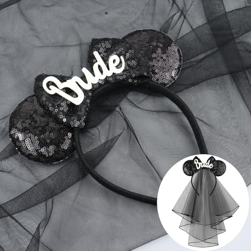 LIHELEI Black Bridal Mouse Ear Headband with Veil for Halloween Bachelorette Party Women Girls