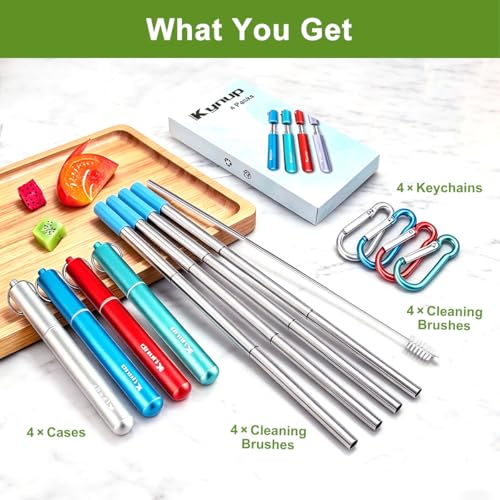 Kynup Collapsible Reusable Metal Straws with Silicone Tips - 4 Pack Set for Travel