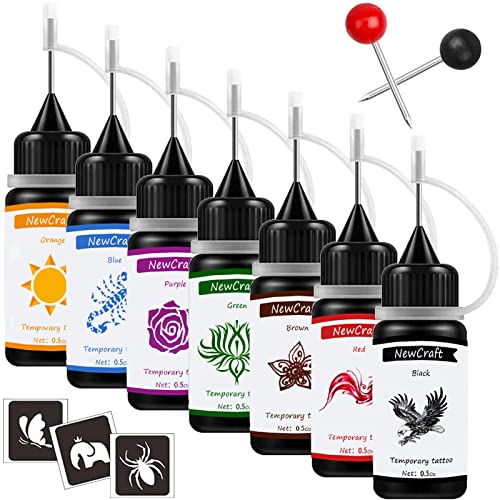 NewCraft Colorful Temporary Tattoo & Stencil Kit - 7 Ink Colors & 103 Patterns, Includes Pen, Reusable for DIY Body Art