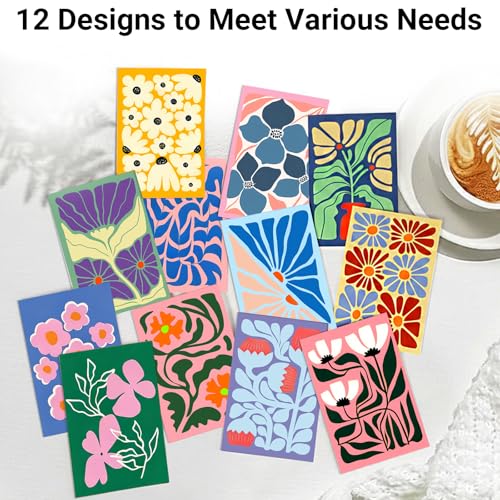 24 Pack Blank Greeting Cards with Envelopes & Stickers - 4x6 Inch Abstract Floral Designs