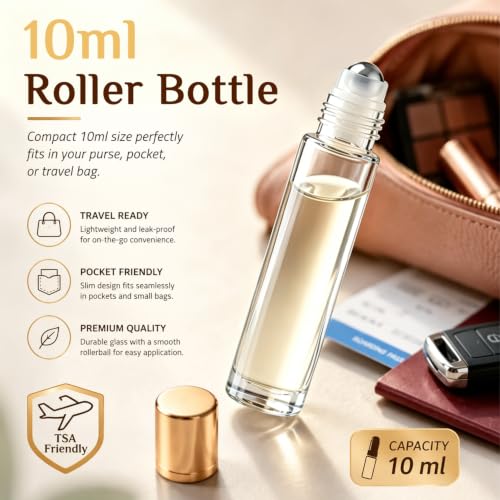 PrettyCare 10ml Essential Oil Roller Bottles - 4 Pack, Leak-Proof Glass