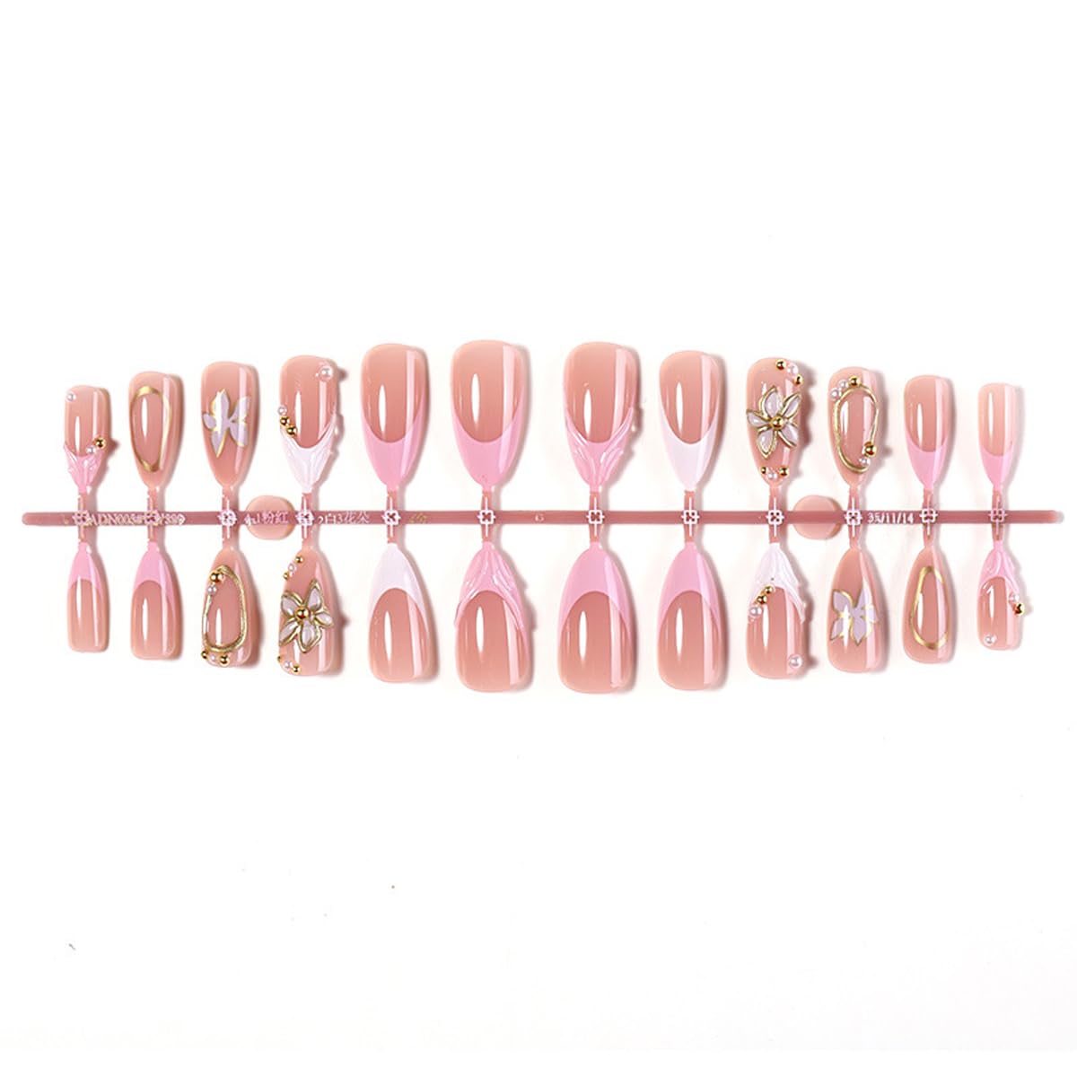 3D Press on Nails Almond - Medium French Tip Fake Nails with Embossed Flower & Gold Bead Designs, Glossy Acrylic Nails Full Cover Floral Glue on Nails for Women Manicure 24Pcs