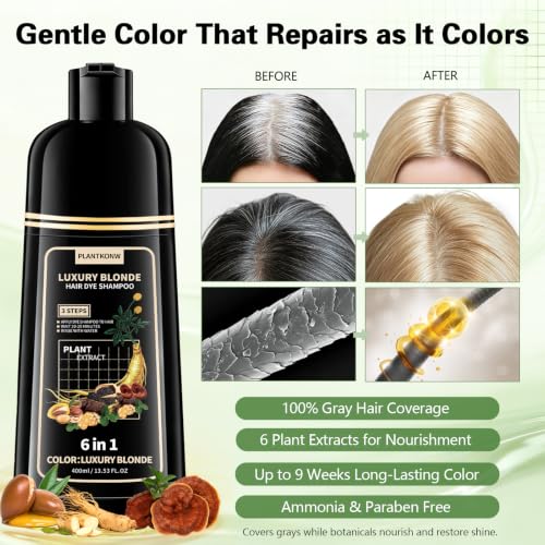 Plantkonw Blonde Hair Color Shampoo - 6-in-1 Ammonia-Free Gray Coverage