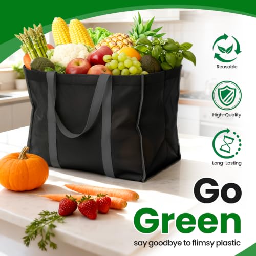 Reusable Grocery Bags with Long Handles - 3 Pack Black Totes