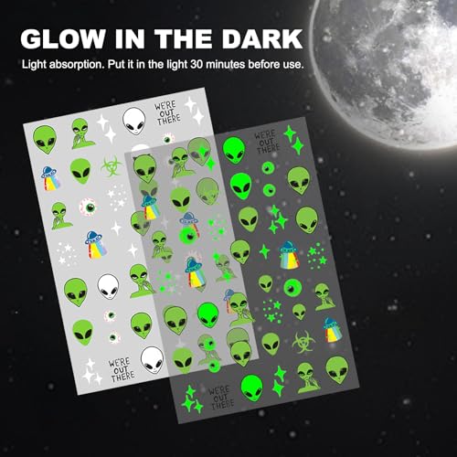 Glow in the Dark Alien Nail Art Stickers - 4 Self-Adhesive Sheets