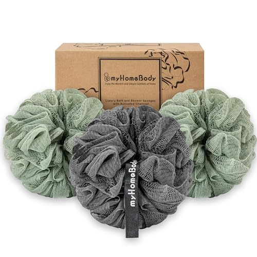 myHomeBody Large 70g Loofah Sponge 3 Pack - 2 Sage Green + 1 Graphite Gray