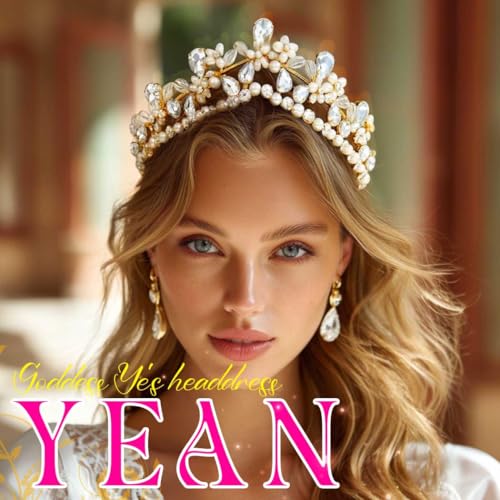 Yean Gold Crystal Wedding Tiara with Pearls and Flowers for Bridal Hair Accessories