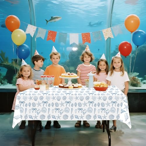 3 Pcs Blue Seashell Tablecloths - 54 x 108 Inch Waterproof Plastic for Beach Parties