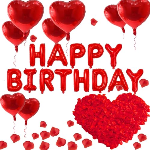 Romantic Birthday Balloon Set with Red Heart Balloons & Rose Petals