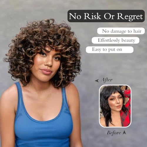 Short Curly Wig for Black Women - Ombre Auburn Afro Kinky Curls with Bangs