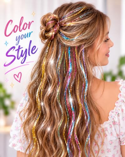 Edoneery Colorful Fairy Hair Tinsel Clip-In Extensions 19.7 Inch for Party & Festival