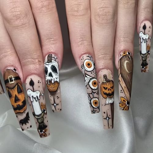 WYFHDT Halloween Press-On Nails - Long Square Fake Nails with Pumpkin & Candy Designs, 24pcs, Reusable Glue-On Full Cover Coffin Style, Variation 5