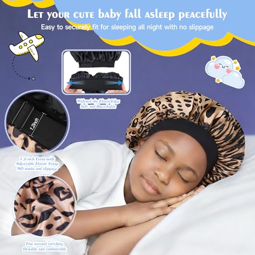 XRACEPHOL Kids Satin Bonnet for Girls Double Layer Sleep Cap Black Leopard Adjustable Toddler Sleep Hat