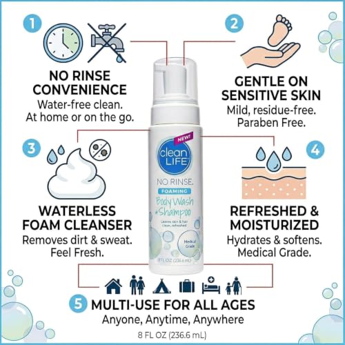 No-Rinse Foaming Body Wash - Waterless Cleanser Pack of 3 for All Ages