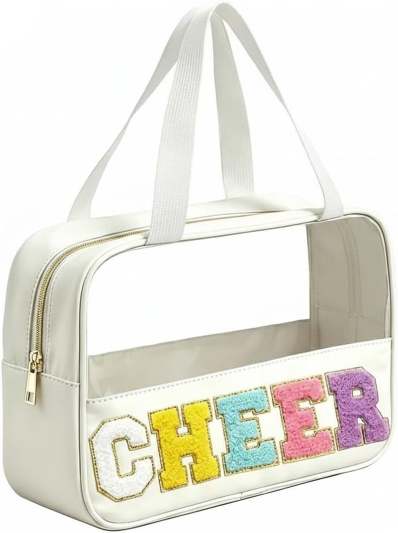 Cheer Makeup Bag - Clear Chenille Letter Patch Cosmetic Organizer | Waterproof Travel Toiletry Bag for Girls & Women