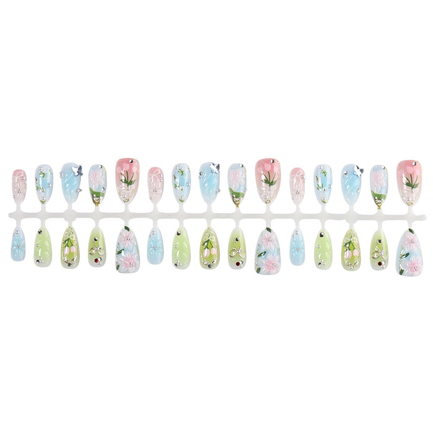30Pcs Spring Press on Nails Medium Almond Fake Nails With Flower Butterfly Rhinestones Design 3D Pearl False Nails Cute Butterflies Acrylic Nail Spring Floral Bow Full Cover Glue on Nails for Women