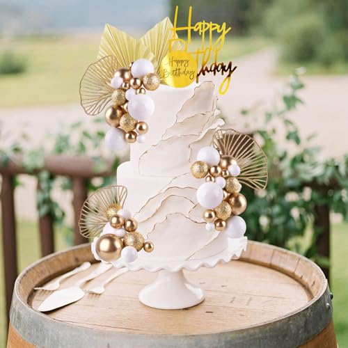 Elegant White Gold Balls Cake Toppers with Palm Leaves Set