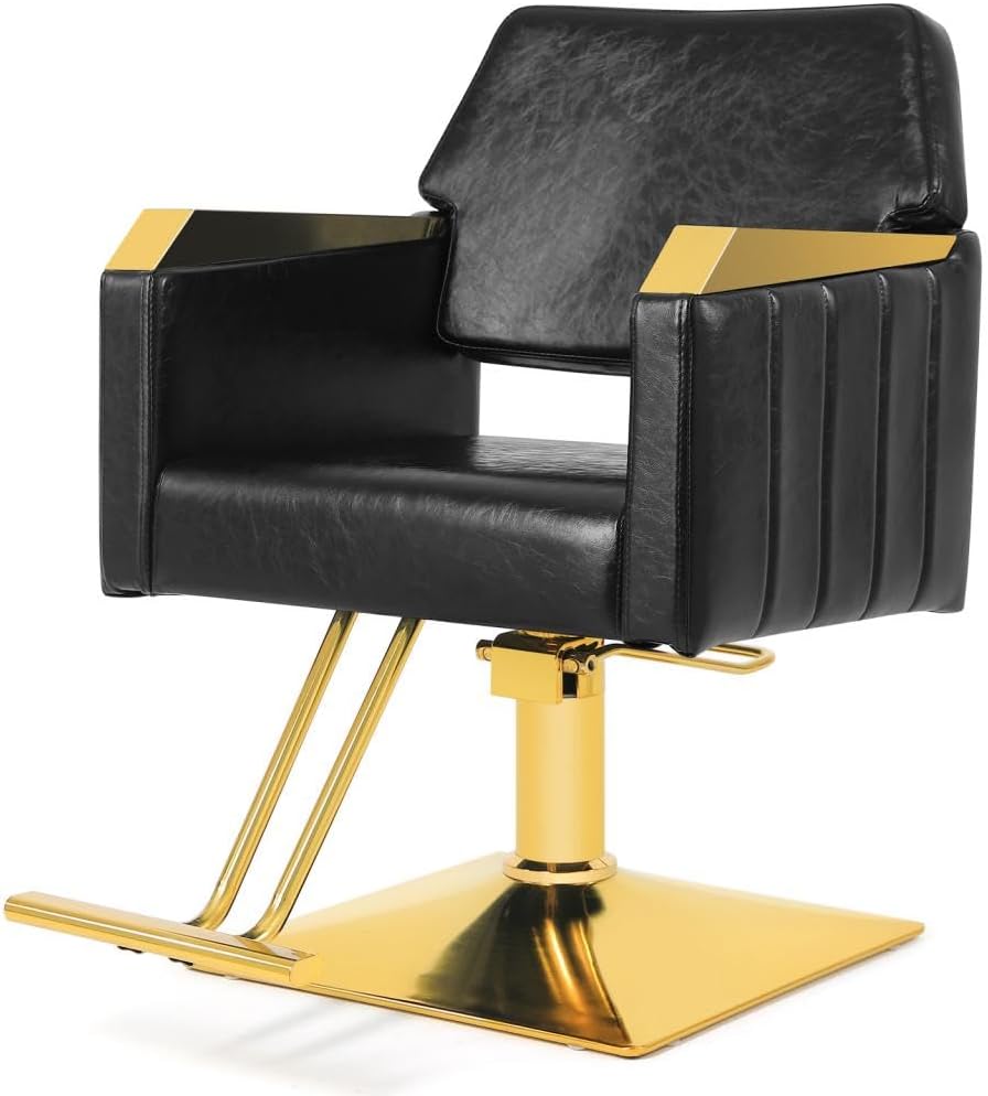 Salon Chair for Hair Stylists - Black Gold Adjustable Hydraulic Styling Chair | Modern Barbershop Equipment