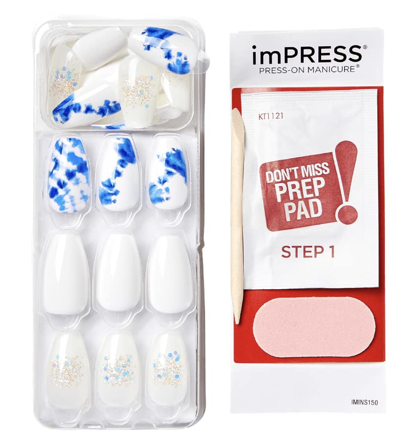 Impress Press-On Nails - White Glitter & Blue Tie-Dye Design | 30 Pcs Medium Coffin Shape, Easy Peel & Press
