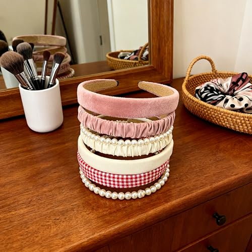 STANETCO Non-Slip Padded Pearl Headbands for Women - Pink, 8-Piece Set