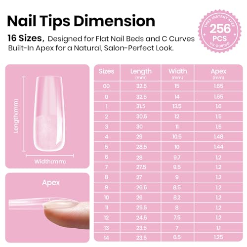 Beetles Tipex Lite Long Square Nail Tips - 256pcs Pre-Built Apex Extensions