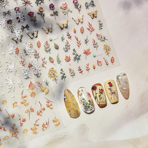 5D Floral Nail Stickers - Self-Adhesive Vintage Designs, 2 Sheets