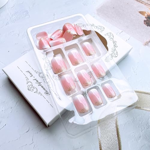 24 Pcs French Tip Press On Nails - Short Square Pink White Gradient