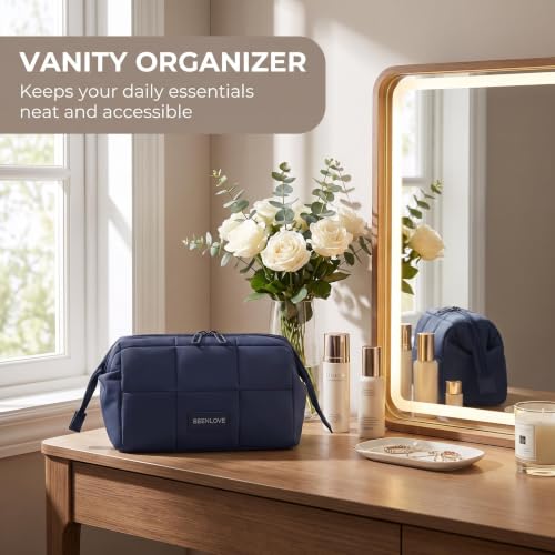 JekoLife Navy Blue Travel Makeup Bag - Wide Open Cosmetic Organizer for Women