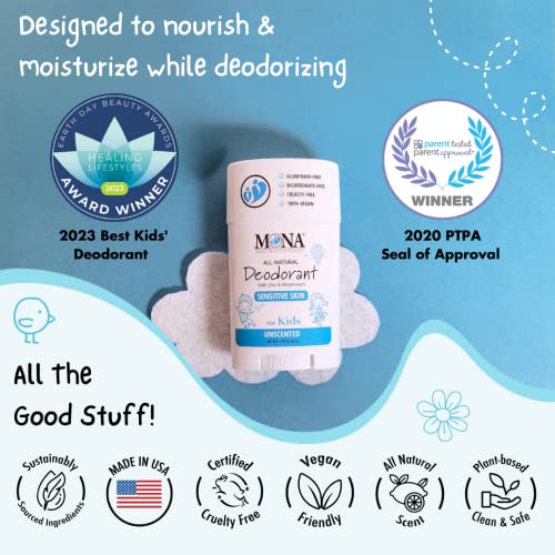 Mona Unscented Natural Kids Deodorant - Aluminum-Free & Hypoallergenic, 1.76 oz