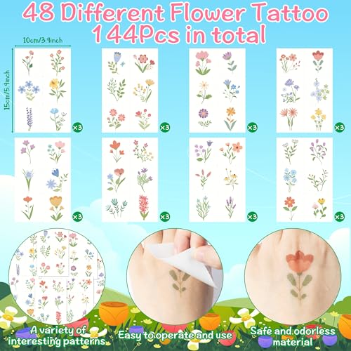 ANGOLIO 144P Flower Temporary Tattoos - Realistic Waterproof Floral Stickers for Body Art
