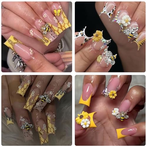 Ganepwns Bee Nail Charms & Beads Set - 200pcs Resin Cartoon Daisy Flowers & Bees for Nail Art DIY