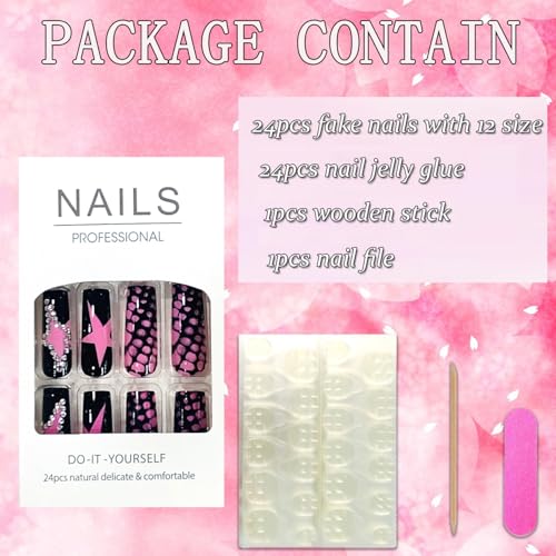 FIEONCIY Star Rhinestone Press On Coffin Nails - Glossy Full Cover Square Fake Manicure