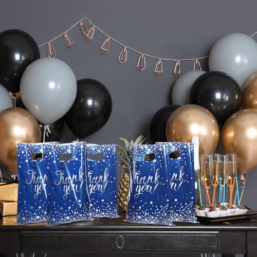 Pajean 100 Pcs Blue & Silver Thank You Gift Bags with Handles
